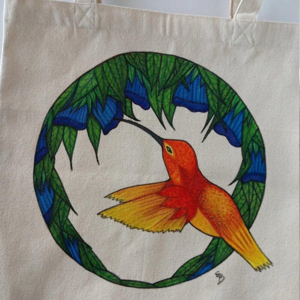 Hand-Painted Hummingbird Tote Bag : Floral Garden Reusable Canvas Bag  NWT